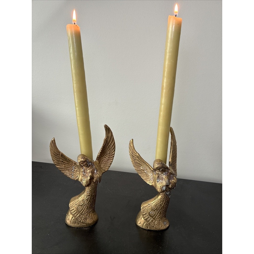 Lot Of 2 Vintage Ornate Solid Brass Angel Saint Tapered Candlestick Holders